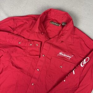 Roper Shirt Mens Medium Red‎ Budweiser Western Pearl Snap Long Sleeve Rodeo